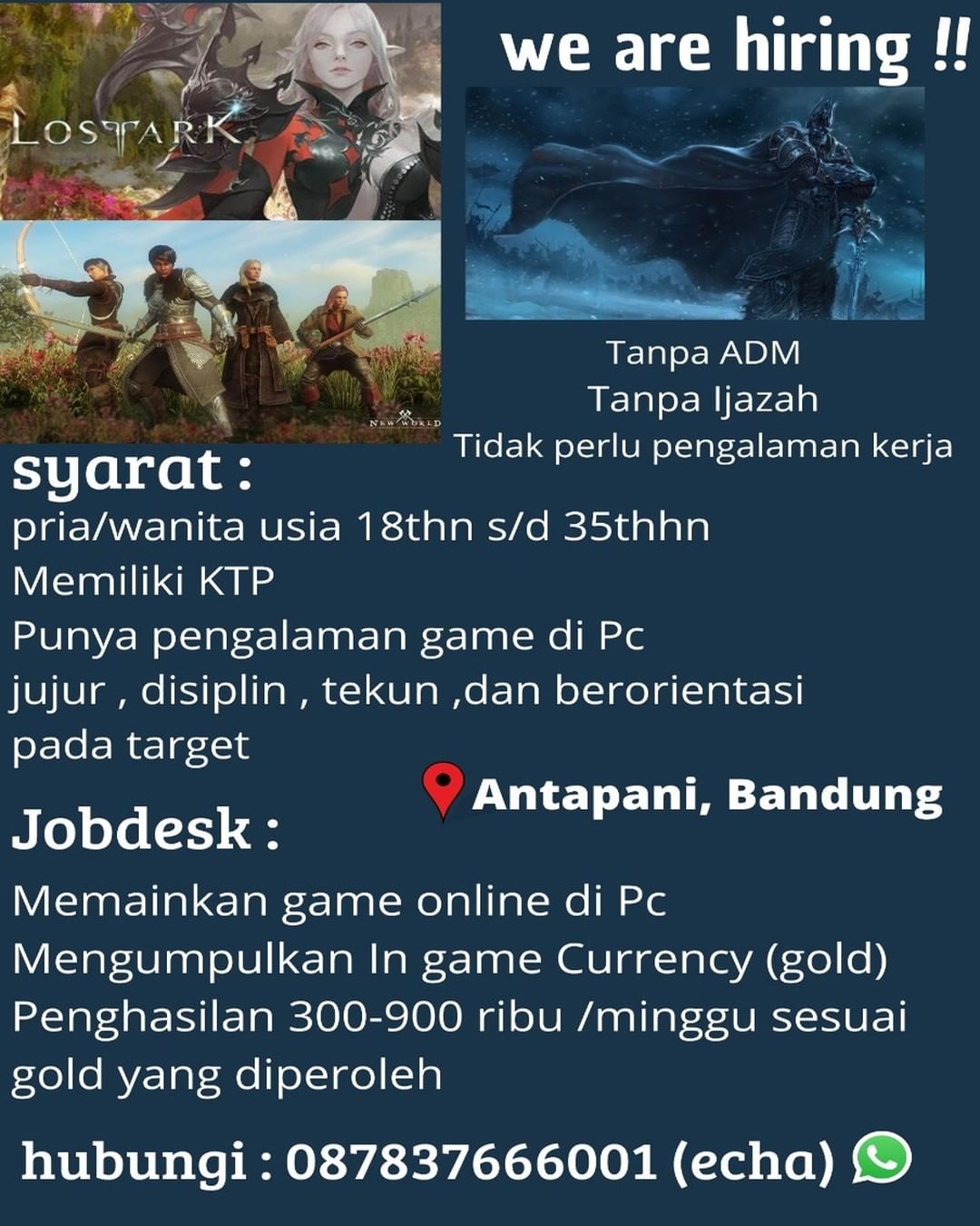 Tanpa ADM
Tanpa Ijazah
Tidak perlu pengalaman kerja

Syarat pria/wanita usia 18t...
