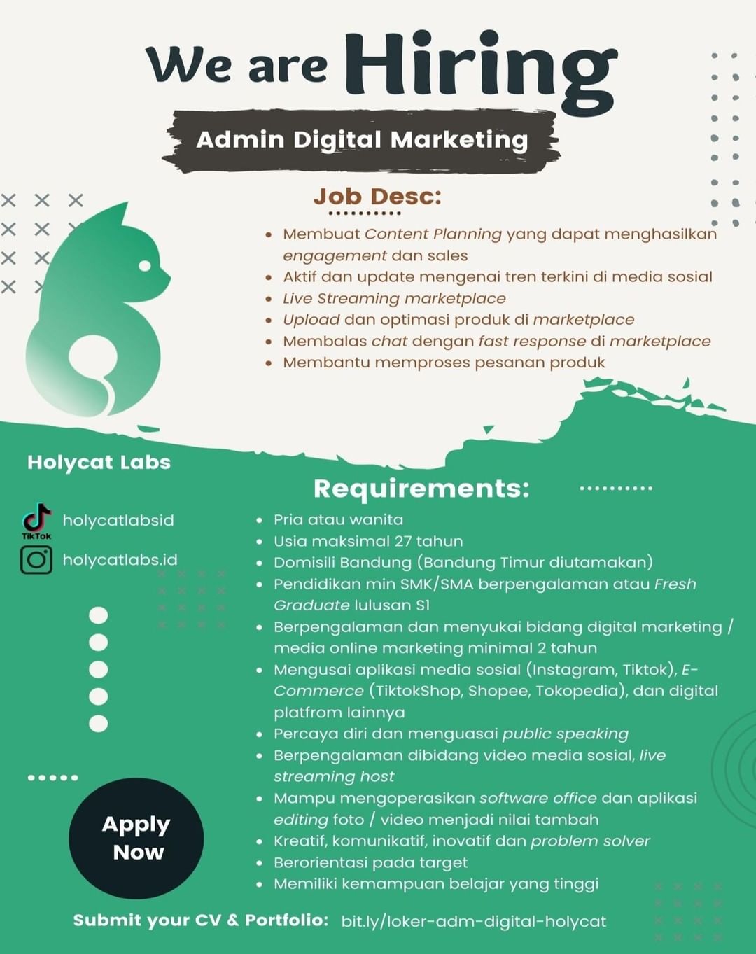 We Are Hiring 

PT. Holycatlabs Indonesia membuka kesempatan untuk bergabung men...