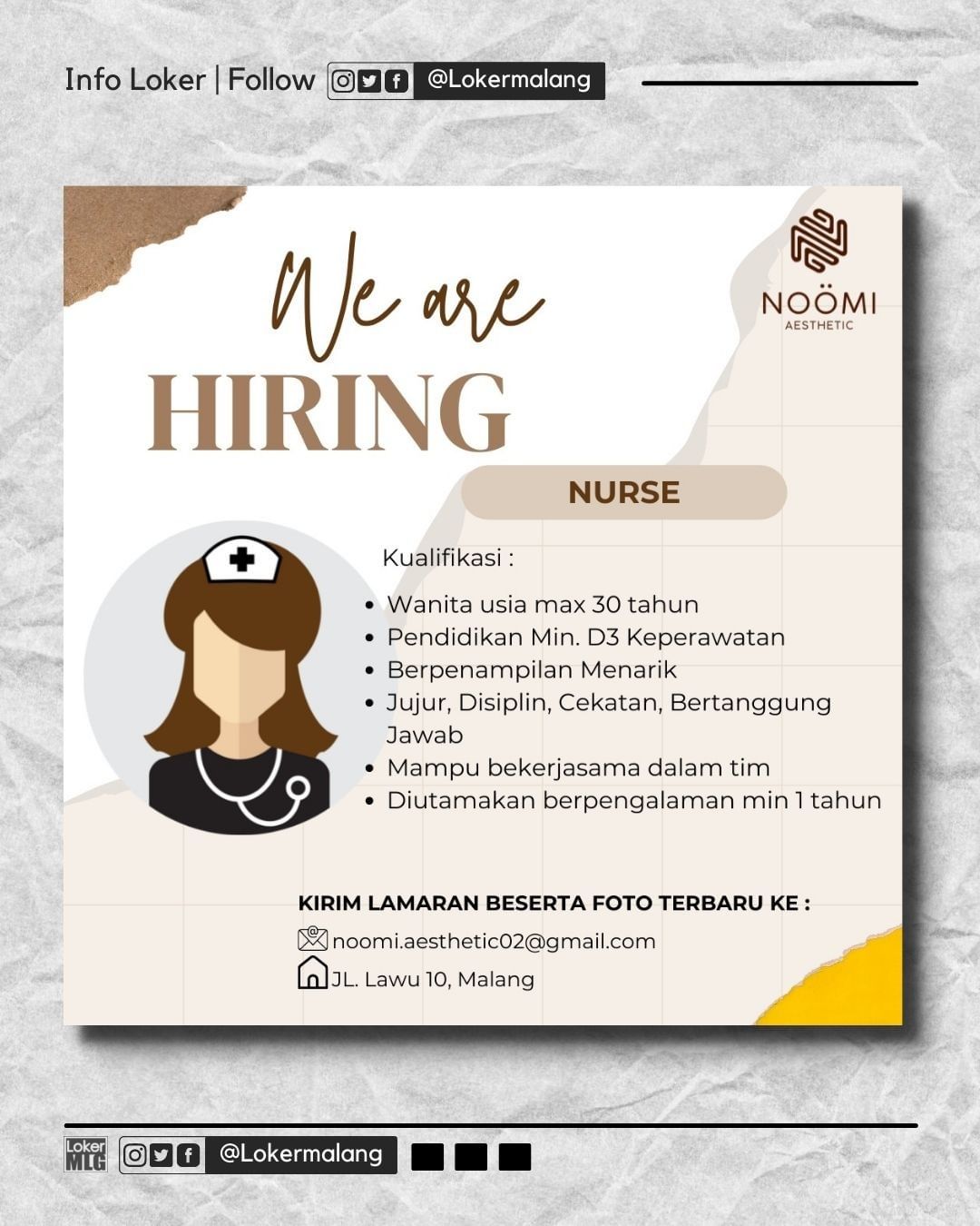•

@noomi.aesthetic

WE ARE HIRING!

 NURSE

____
Kualifikasi :
- Wanita usia ma...