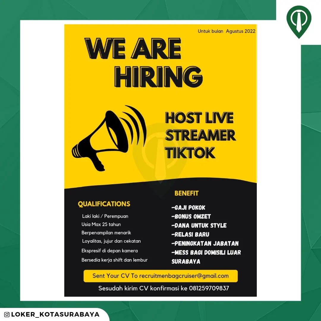 LOWONGAN KERJA
Host Live Streamer Tiktok
@bagcruiseracc
_____
Kirim CV ke email ...