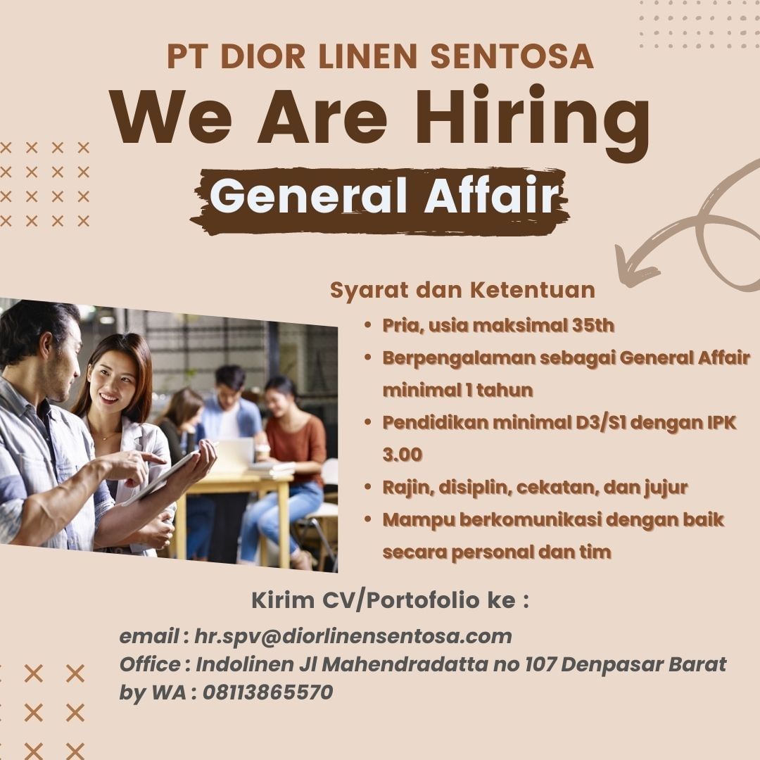 PT DIOR LINEN SENTOSA membuka lowongan General Affair, Accounting Supervisor, da...