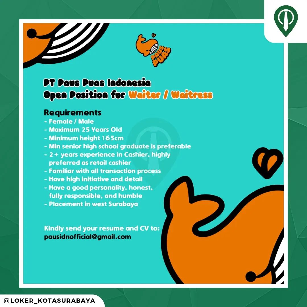 PT Paus Puas tengah membuka lowongan kerja untuk posisi Waitress/Waiter
_____
Ba...
