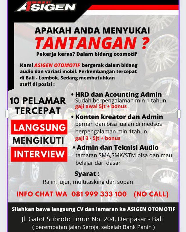 APAKAH ANDA MENYUKAI TANTANGAN?
pekerja keras di bidang audio & variasi mobil

K...