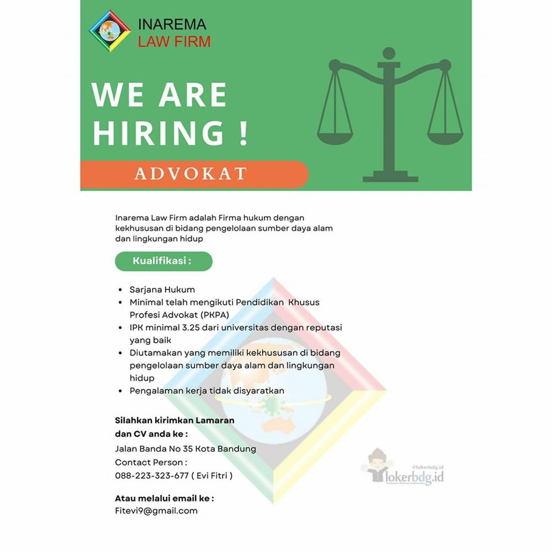 INAREMA LAW FIRM

WE ARE HIRING!
- ADVOKAT

Kualifikasi:
• Sarjana Hukum
• Minim...