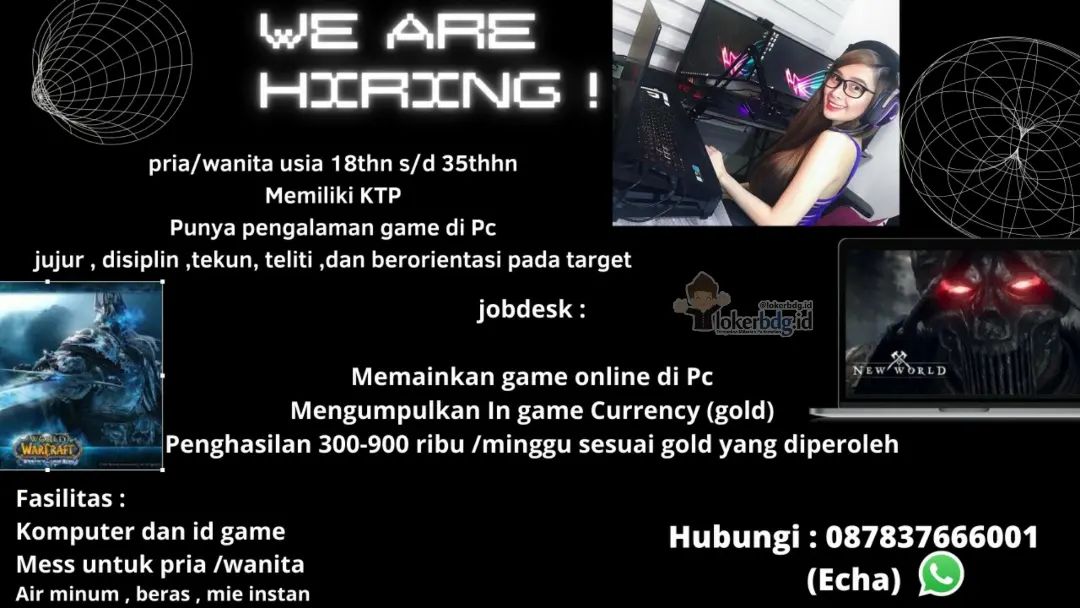 Tanpa ADM
Tanpa Ijazah
Tidak perlu pengalaman kerja

Syarat pria/wanita usia 18t...