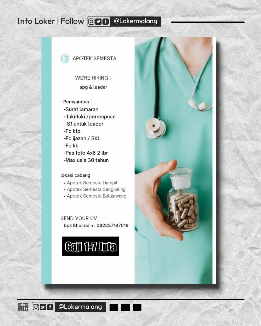 •

APOTEK SEMESTA

WE ARE HIRING!

 SPG & LEADER
____
Kualifikasi :
- Pria / Wan...