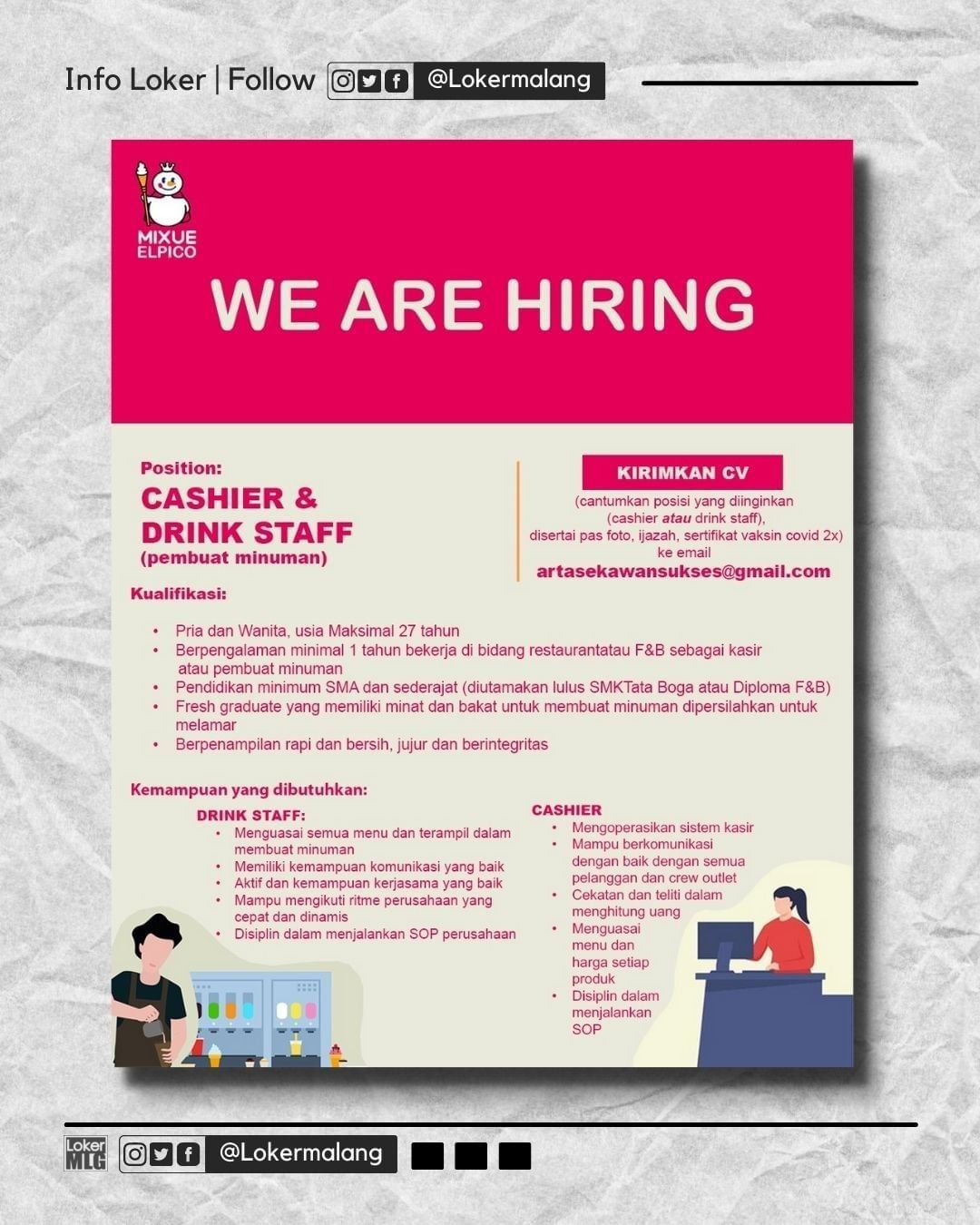 •

Mixue Elpico

WE ARE HIRING

-
 Cashier
 Drink Staff

-
fresh graduates are w...