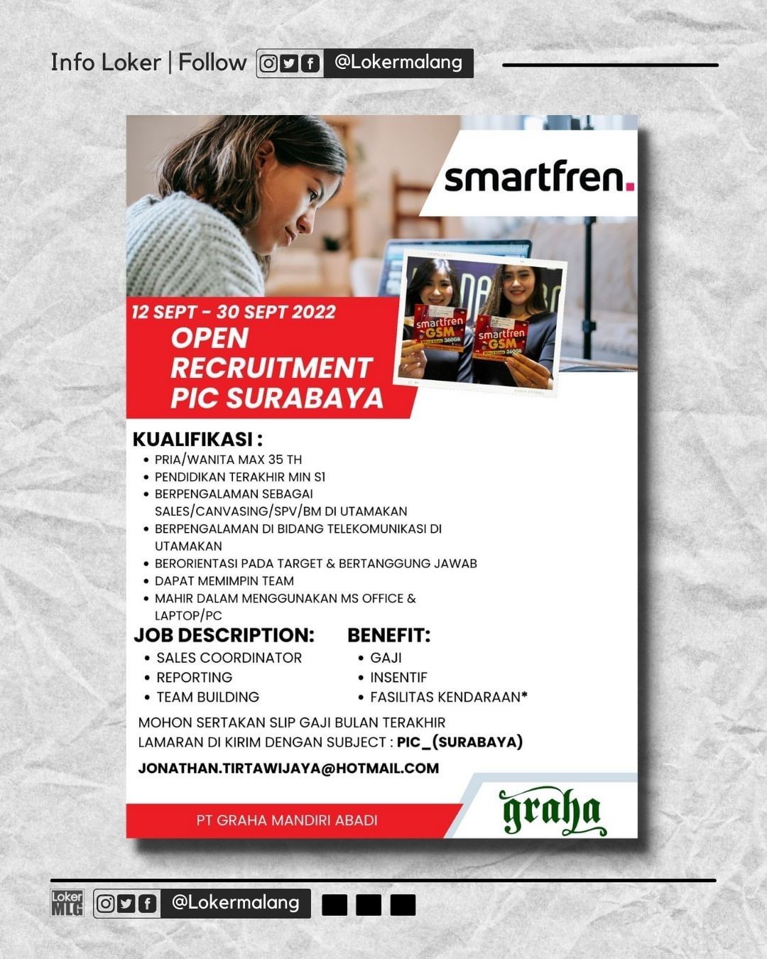 •

PT. GRAHA MANDIRI ABADI

OPEN RECRUITMENT

 PIC (AREA SURABAYA)
 PIC (BM & SP...