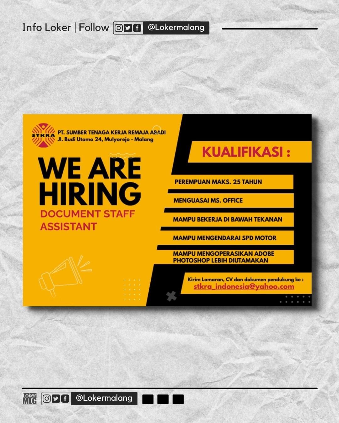 •

PT. SUMBER TENAGA KERJA REMAJA ABADI

WE ARE HIRING

 DOCUMENT STAFF ASSISTAN...