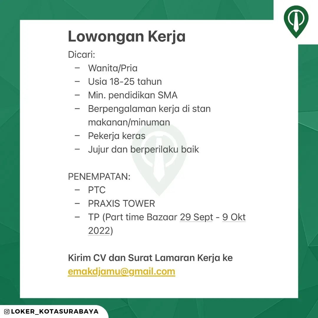LOWONGAN KERJA
Crew Stan @emakdjamu
_____
Kirim CV dan lamaran ke email emakdjam...