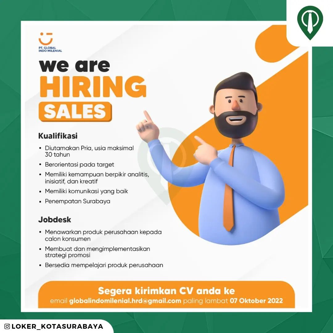 LOWONGAN KERJA
Sales PT Global Indo Milenial
_____
Segera kirimkan CV anda ke em...