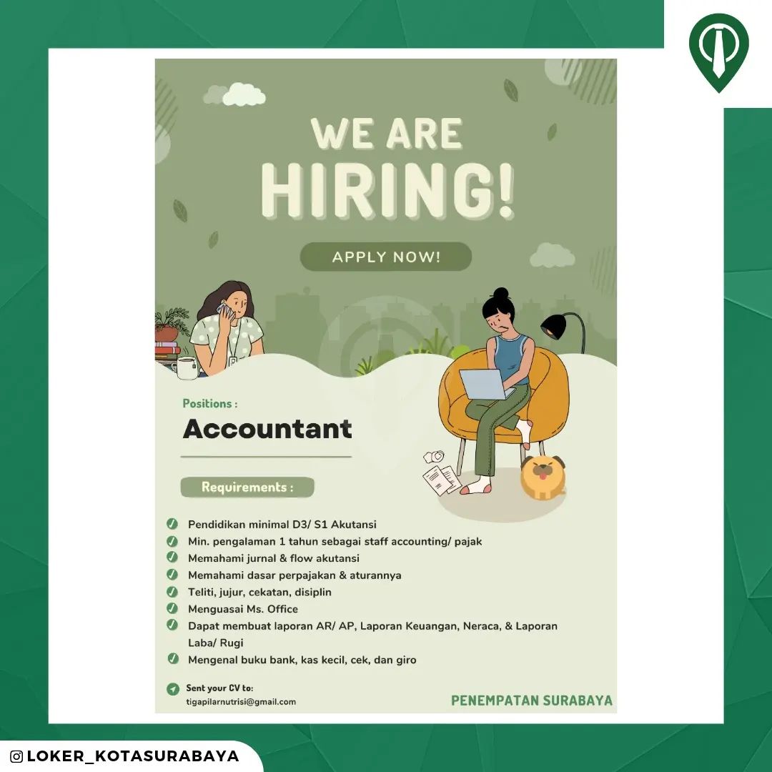 LOWONGAN KERJA
Tiga Pilar Nutrisi 
_____
Dibutuhkan :
- Accountant
- Admin Onlin...