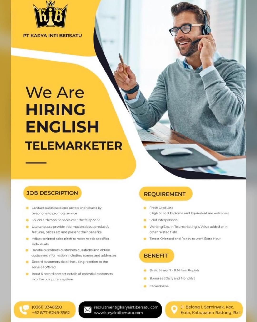 PT. Karya Inti Bersatu membuka lowongan kerja sebagai Telemarketer Berbahasa Ing...